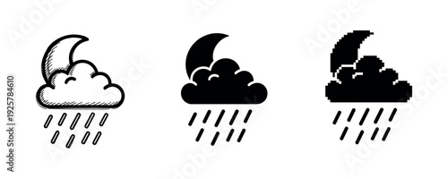 Set of three cloud and rain icons with crescent moon in different styles