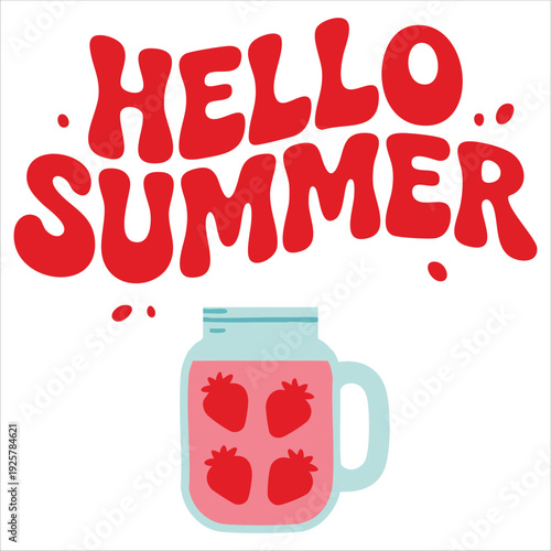 Hello Summer Strawberry Cocktail in a Glass Mug Modern Illustration
