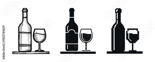 Three artistic wine bottle and glass variations: sketch, silhouette, pixel art