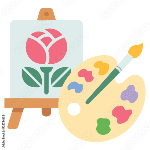 Easel and Colorful Palette with Paints and Brush Elements for Artist and Drawing School Banner