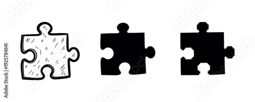 Sketch, silhouette, and pixelated jigsaw puzzle pieces on white background