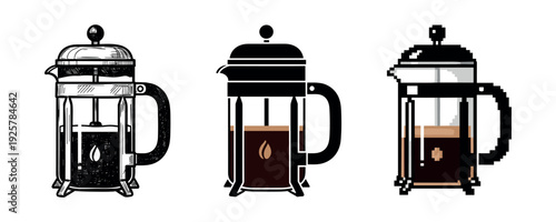Trio of french press designs: sketch, outline, pixel art styles