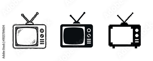 Vintage television icons: sketch, solid, pixel art styles