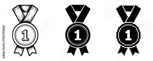 Three styles of first place medals: vintage, minimalist, pixel art
