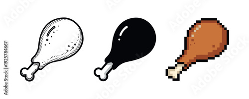 Illustration of chicken drumsticks in line art, silhouette, and pixel art styles