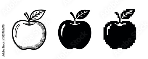Three styles of apple art: sketch, silhouette, and pixel art
