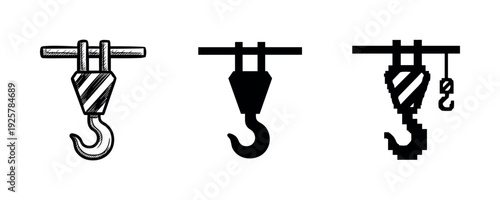 Three styles of crane hooks: sketch, solid, pixel art illustrations
