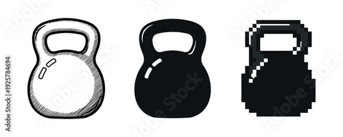 Black and white kettlebell designs: sketch, solid, pixel art