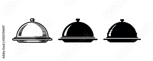 Set of cloche bell jar icons: hand-drawn, silhouette, pixel art styles