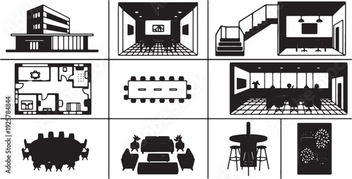Business Workplace Interior Design Layouts Vector Icon Set
