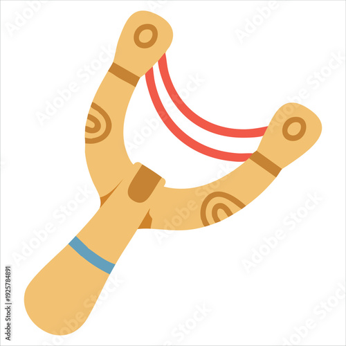 Wooden Slingshot with Red Band and Rock Vector Cartoon Style Object Isolated on Blue Background