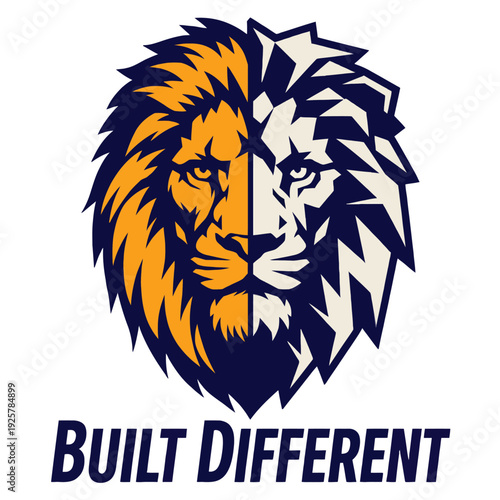 Split face lion design illustrates duality of nature promoting unique personal.