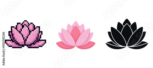 Pixelated, pastel, and silhouette lotus flower icons on white background