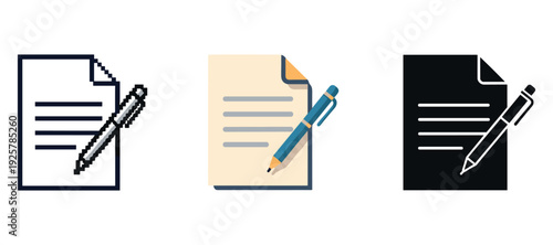 Set of document and pen icons in various styles on white background