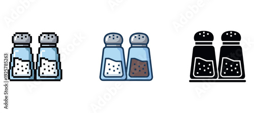 Pixel art, cartoon, and iconic salt and pepper shaker designs in various styles