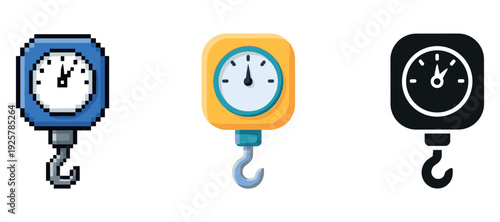 Pixel art and modern style hanging scales with hooks in blue, yellow, black