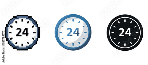 Three clock icons showing 24 hours in pixel, modern, and minimal styles