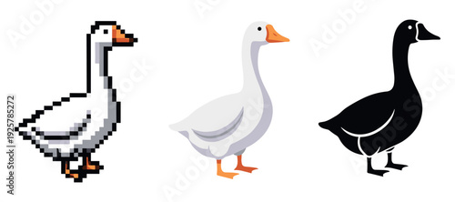 Three goose illustrations: pixel, cartoon, silhouette art styles on white background