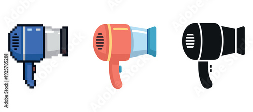 Three hair dryer designs: pixel art, modern, silhouette on white background