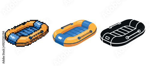 Pixel, flat, silhouette styles of inflatable raft illustrations