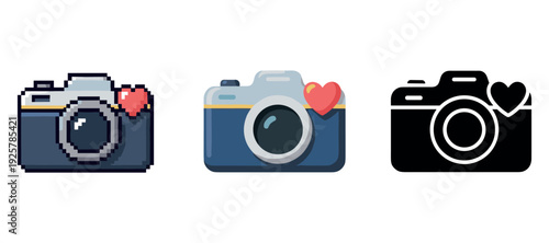 Set of three cameras with hearts: pixel art, cartoon, icon styles
