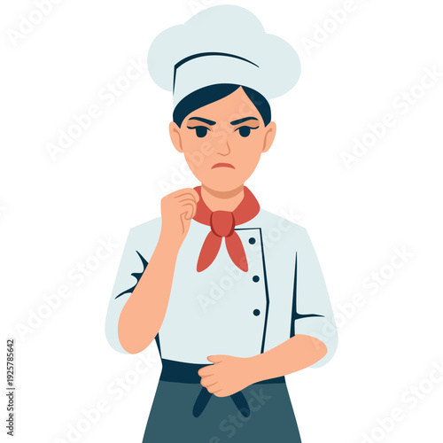 A Cook Woman Using Laptop Computer Having Trouble with Her Finger on Her Chin at Her Desk