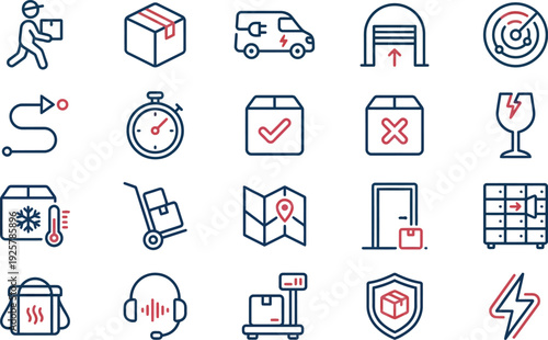 Collection of logistics and shipping service icons representing delivery process elements clearly shown.
