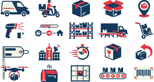 Comprehensive collection of modern delivery and logistics flat icons for shipping and tracking