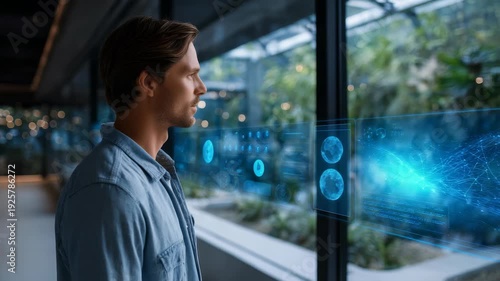 A thoughtful young professional stands by a large window, engaging with a holographic data display in a contemporary workspace. The scene highlights digital transformation and smart technology trends