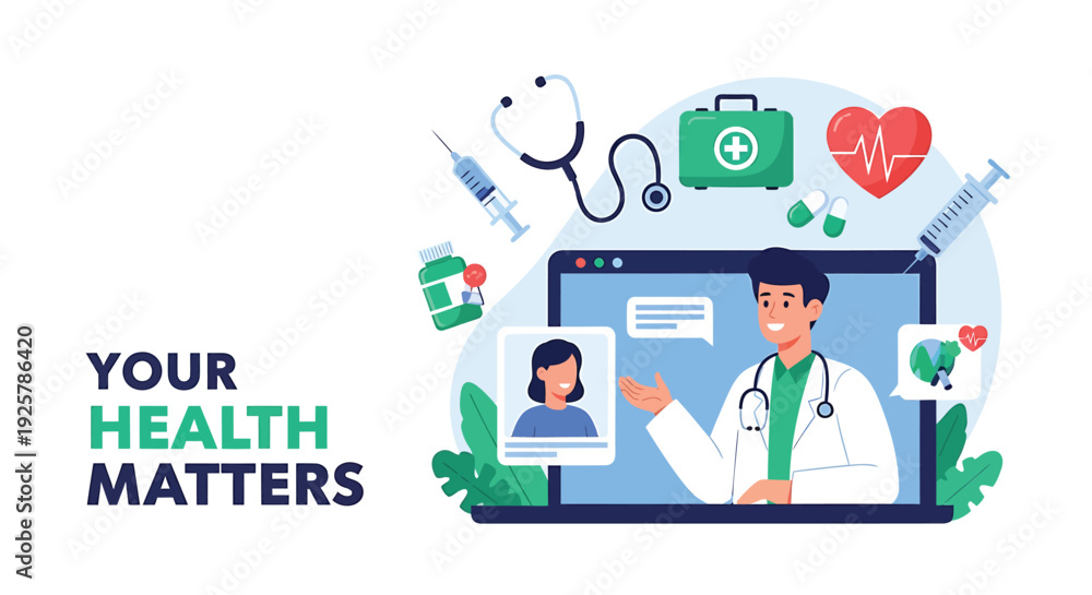 Naklejka premium Medical consultation online icon set. Includes doctor, patient, laptop, stethoscope, heart, medical symbols. Created in flat style with colorful palette