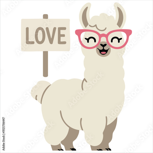 Greeting Card with Cute Baby Llama Wearing Glasses and an Inscription Love Isolated on White Background