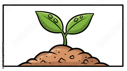 Pop art style seedling with water drops on soil
