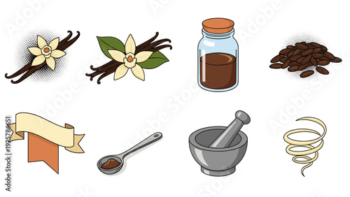 Vanilla elements collection with mortar and pestle, extract bottle, beans, and ribbon banner in colorful style