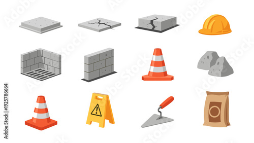 Construction elements set: safety signs, tools, and materials