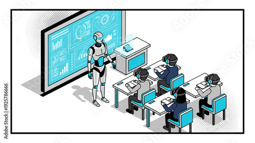 Robot teacher conducting classroom lesson to students in futuristic isometric technology education setting