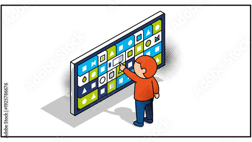 Isometric touchscreen interaction with colorful icons and modern design