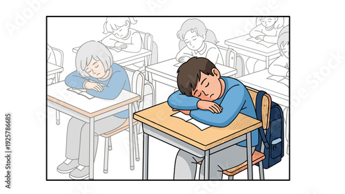 Youth sleeping in classroom surrounded by dozing students in cartoon style