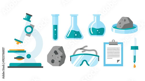Science laboratory equipment: microscope, glassware, rocks, safety gear for experimentation