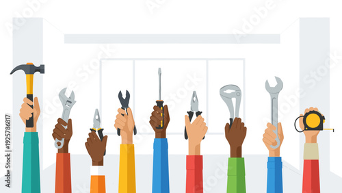 Diverse hands holding tools for construction and repair projects