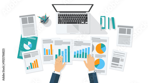 Flat design workspace with laptop and business documents for data analysis