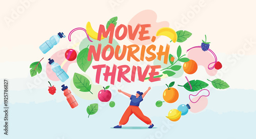 Fitness and wellness icon collection. Includes exercise, nutrition, health symbols. Created in colorful flat style with vibrant palette.