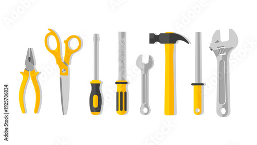 Toolkit with essential hand tools in flat style for diy projects