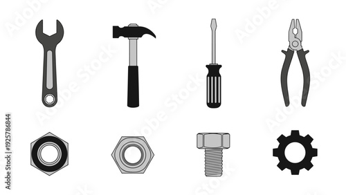 Flat icons of tools and hardware: wrench, hammer, screwdriver, pliers, nuts, bolt, gear