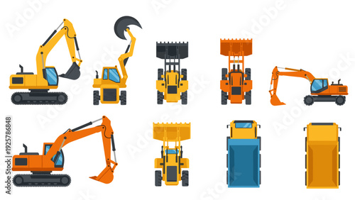 Heavy construction vehicles collection: bulldozers, excavators, and loaders in flat style