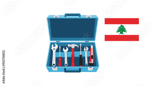 Lebanon flag and toolbox icon with wrench, screwdriver, hammer