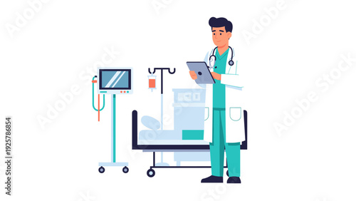 Doctor in hospital room with medical equipment and patient bed scene