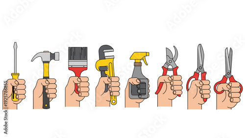 Set of tools in hands for diy and home projects in flat design