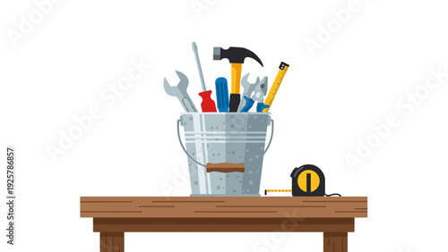 Tool set on wooden bench with tape measure in flat design