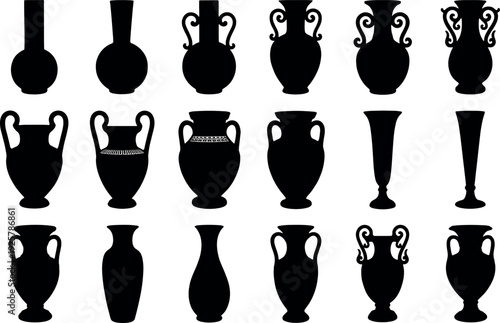 Collection of black ancient Greek vase silhouettes and Roman amphora icons isolated on white background for historical pottery design and archaeological graphics