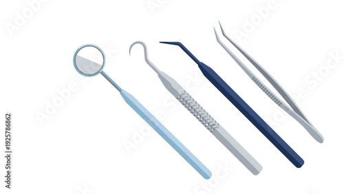 Dental tools set: mirror, probe, scaler, tweezers on white background